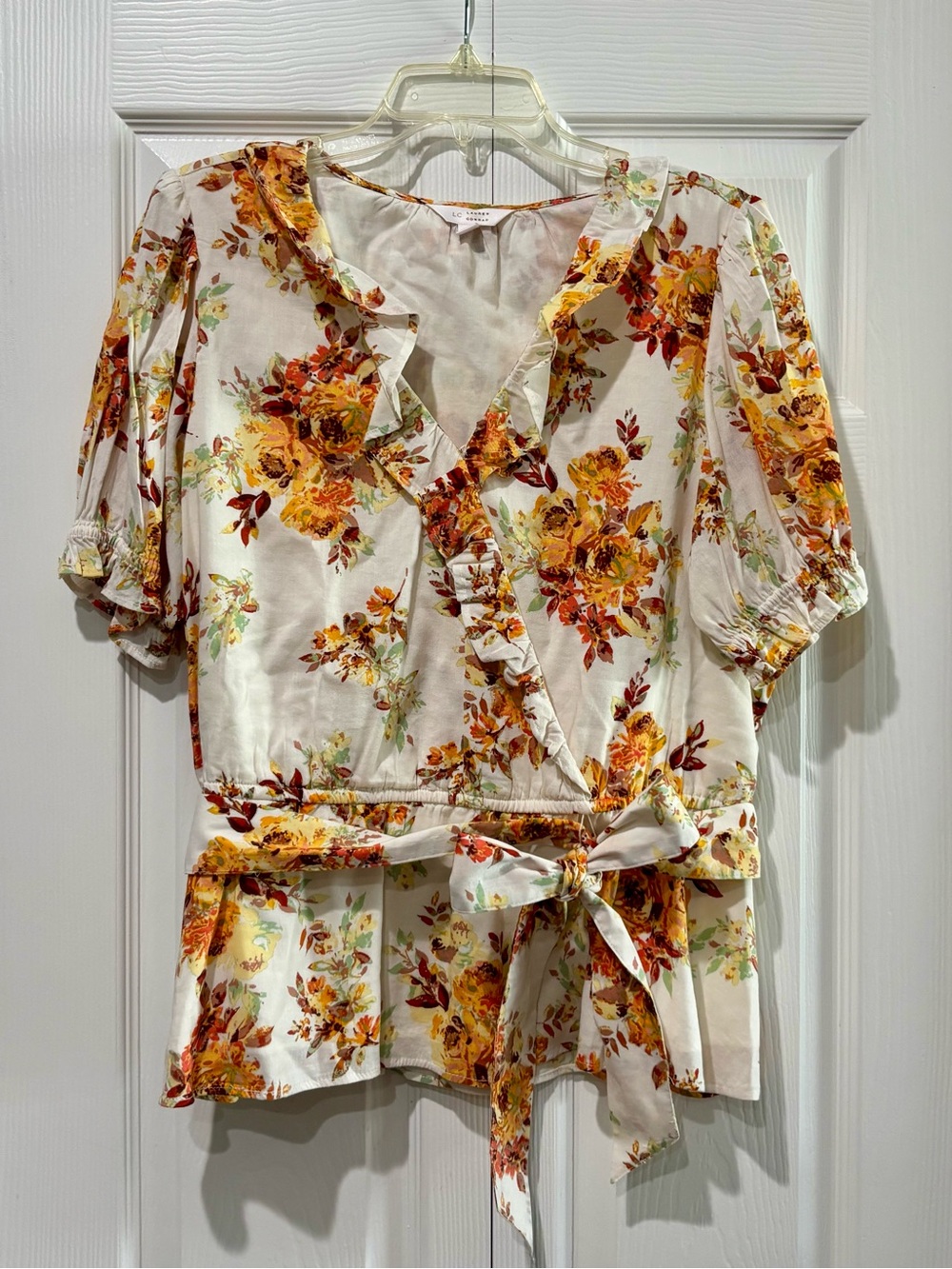 LC Lauren Conrad Cream Floral Wrap Blouse with Yellow & Orange Bouquet Print
